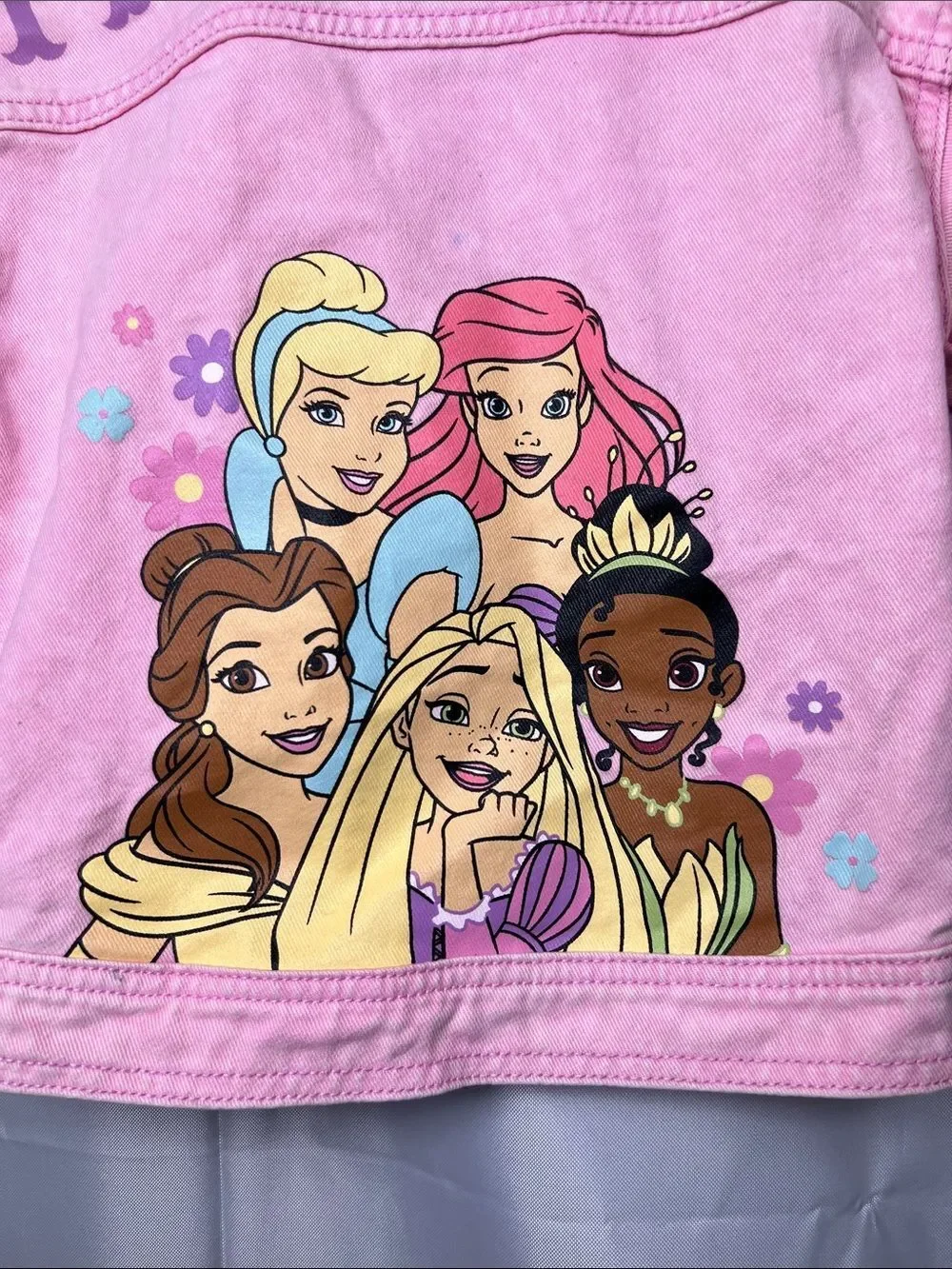 Disney Princess pink denim jacket with princess embroidery and graphic size 5